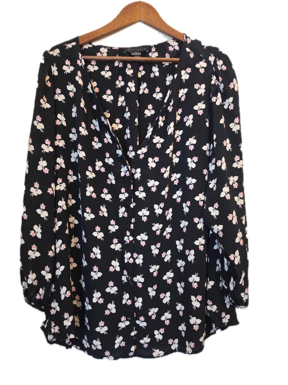Sanctuary Blouse Womens 1X Black Floral Tunic V-Neck Puff Sleeve Rayon